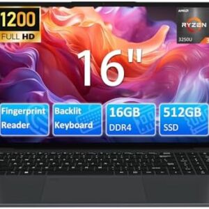16 Inch Laptop Computer for Business Student,AMD Ryzen3 3250U(Up to 3.5GHz,Beats N95),1920×1200 FHD IPS Display,16GB RAM 512GB SSD,1MP Webcam,WiFi,HDMI,USB,Type-C,Backlit Keyboard,Fingerprint,Numpad