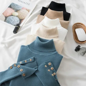 women thick sweater pullovers long sleeve button Turtleneck chic