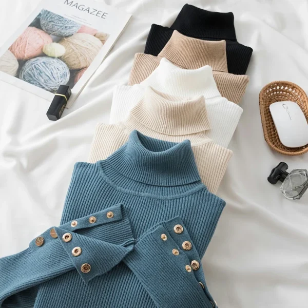 women thick sweater pullovers long sleeve button Turtleneck chic