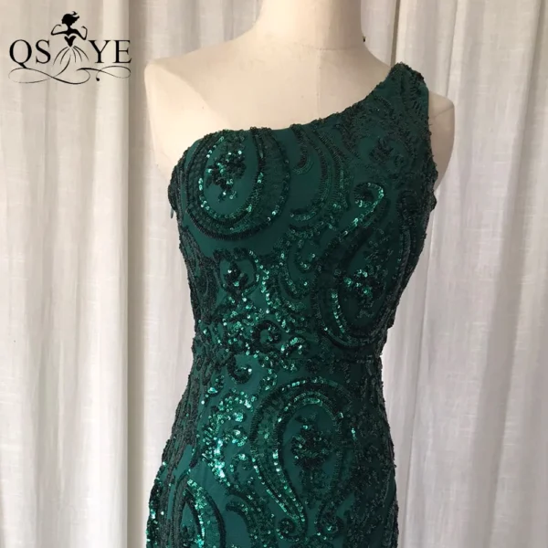 One Shoulder Emerald Evening Dresses Green Sequined Long Mermaid Prom Gown - Image 3