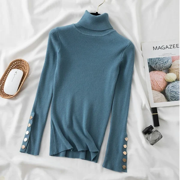 women thick sweater pullovers long sleeve button Turtleneck chic - Image 5