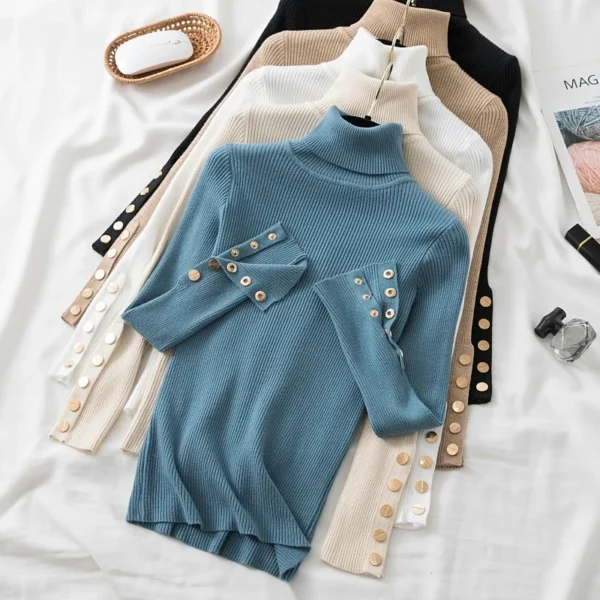 women thick sweater pullovers long sleeve button Turtleneck chic - Image 2