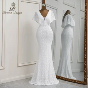 Sexy Deep V neck white mermaid evening dress vestidos de
