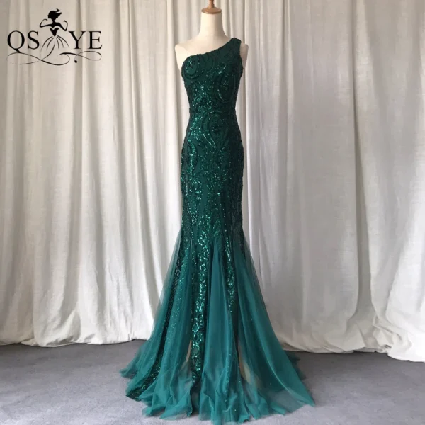 One Shoulder Emerald Evening Dresses Green Sequined Long Mermaid Prom Gown