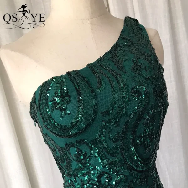 One Shoulder Emerald Evening Dresses Green Sequined Long Mermaid Prom Gown - Image 2
