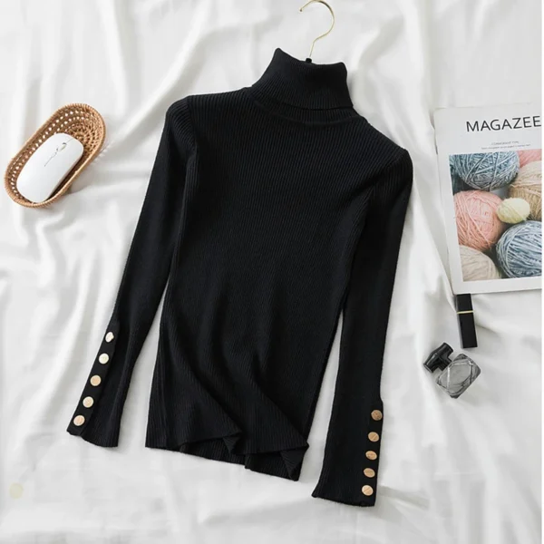 women thick sweater pullovers long sleeve button Turtleneck chic - Image 4