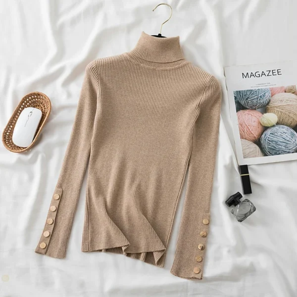 women thick sweater pullovers long sleeve button Turtleneck chic - Image 3
