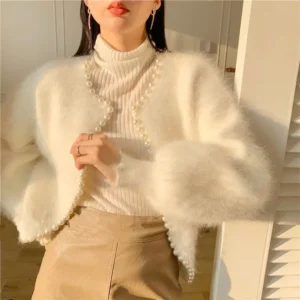 Fashion Ladies Pearl Knit Lantern Sleeves Cardigan Jacket Women