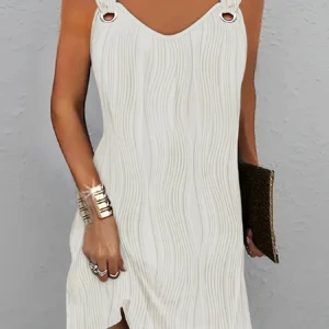 Women's Summer Simple Solid Color Metal Button V-Neck Sleeveless Dress