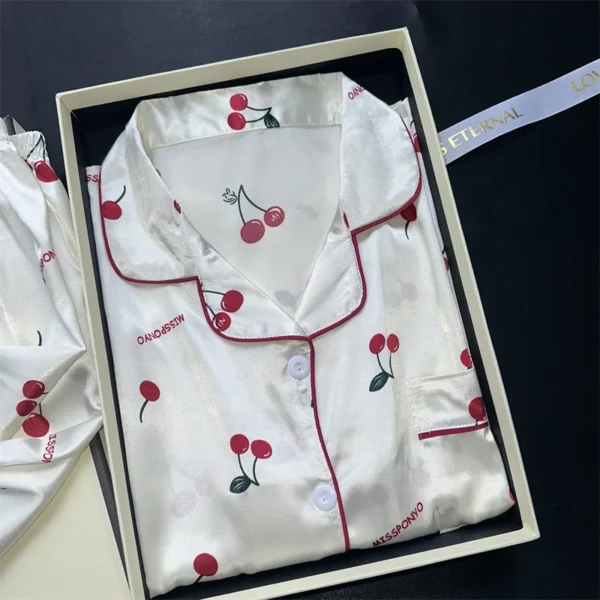 Cherries Print Two Pieces PajamasCasual Shorts and Top Set Pijamas - Image 3