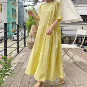 New Style Loose Slimming Short Sleeve Yellow Large Size Women's Dress