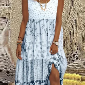 Women's New Floral Printed Sleeveless Flat Neck Bohemian Beach Dresses