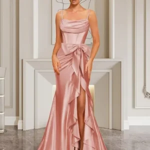 Spaghetti Straps Satin Prom Dresses for Women Mermaid Evening Gown