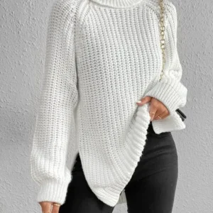 Women Winter Turtleneck Loose Sweater Elegant Drop Sleeve Side