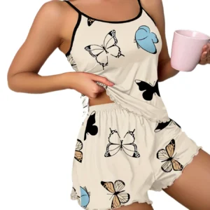 Butterfly Print Pajama Top Elastic Waistband Shorts Women Sleepwear