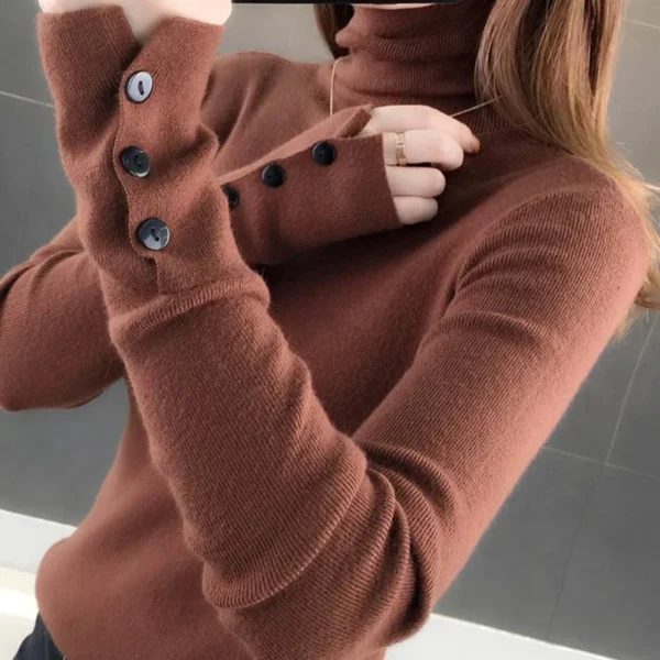 Women Turtleneck Buttons Solid Warm Sweater Long Sleeve - Image 4