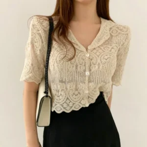 Sheer Embroidery Lace Blouse Short Sleeve Button Front Cardigan