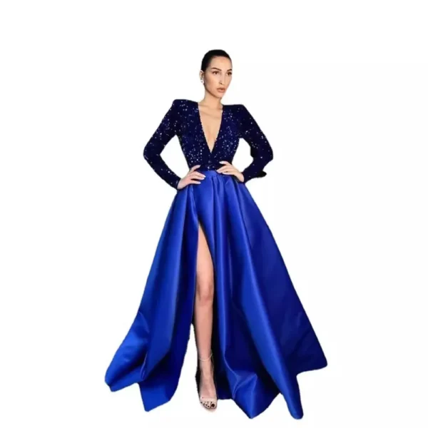 Women's Shoulder Sleeve Beaded V-Neck Big Splash Sequins Side Slit  Dress - Image 3