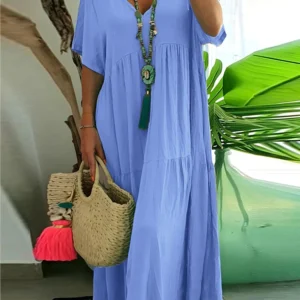 Plus Size Dress Women Summer V-Neck Short Sleeve