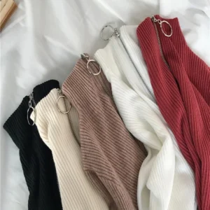 2025 Knitted Women Zipper High Neck Sweater Pullovers Turtleneck