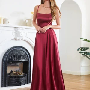 BABYONLINE Satin  Ladies Burgundy A-line Long Spaghetti Straps