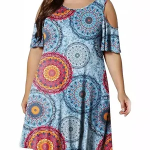 women's round neck off-shoulder print large-size dress woman