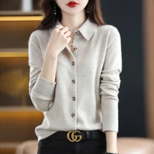 Women's POLO Collar Knitted Cardigan Basic Versatile Top Spun Wool Jacket