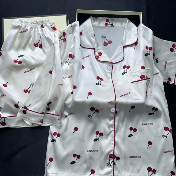 Cherries Print Two Pieces PajamasCasual Shorts and Top Set Pijamas - Image 2