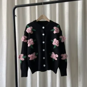 Cardigan Women Sweater Long Sleeve 3D Flower Round Neck