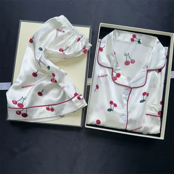 Cherries Print Two Pieces PajamasCasual Shorts and Top Set Pijamas - Image 4