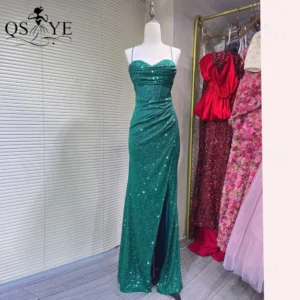 Neck Green Evening Dresses Halter Neck Crystal Beaded Prom Gown