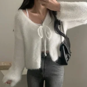 Bow Tie Front Crop Cardigan Women Teen-girl Long Sleeve Fuzzy Cardigan