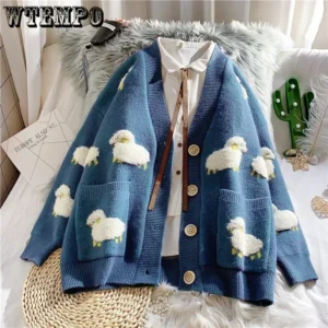 Women's Embroidered Sheep Knitted Cardigan  V Neck Long Sleeve