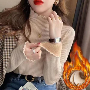 Winter Turtleneck Sweater Knitwear Women Elegant Thicken Velvet