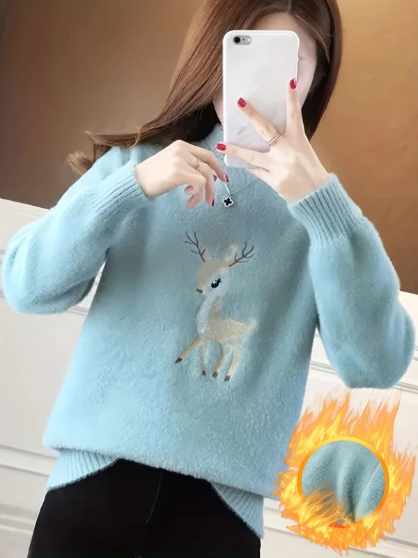 Deer pattern mock turtleneck sweater, long sleeve sweater, women's clothing - Image 2