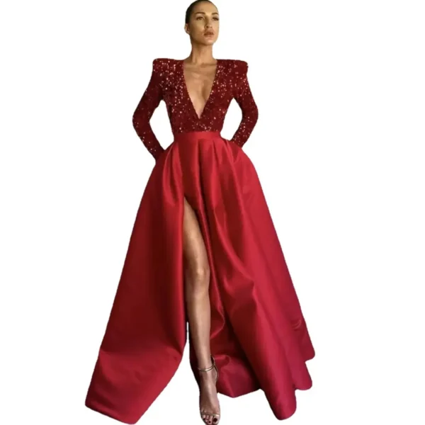 Women's Shoulder Sleeve Beaded V-Neck Big Splash Sequins Side Slit  Dress - Image 5