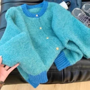 Single-breasted Cardigan Long Sleeve Patchwork Knitted Sweater O-Neck