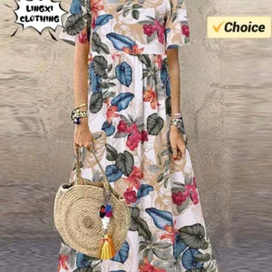 Women's Elegant Plus Size Skirt Loose Round Neck Short Sleeve