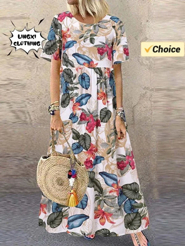 Women's Elegant Plus Size Skirt Loose Round Neck Short Sleeve