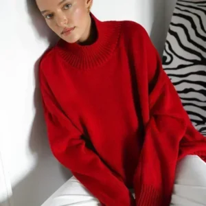 Women's Turtleneck Sweater Oversize Winter Vintage Knitted Red Sweater