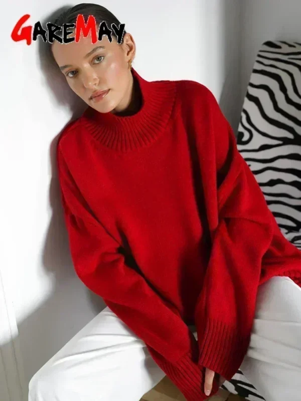 Women's Turtleneck Sweater Oversize Winter Vintage Knitted Red Sweater