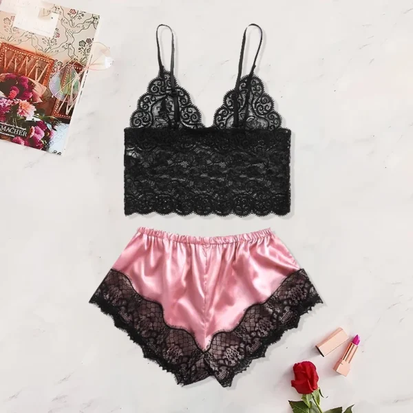 2025 Summer 2 Pcs Women's New Sexy Lace See-Through Pajamas - Image 3