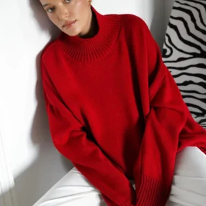 Women's Turtleneck Sweater Oversize Winter Vintage Knitted Red  Sweater