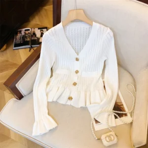 Rhinestone Knitted Cardigans Long Sleeve Ruffled Sweaters