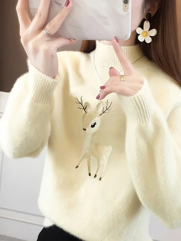 Deer pattern mock turtleneck sweater, long sleeve sweater, women's clothing - Image 3