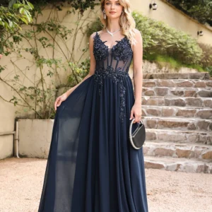 Spaghetti Straps Navy Blue A Line Evening Dresses