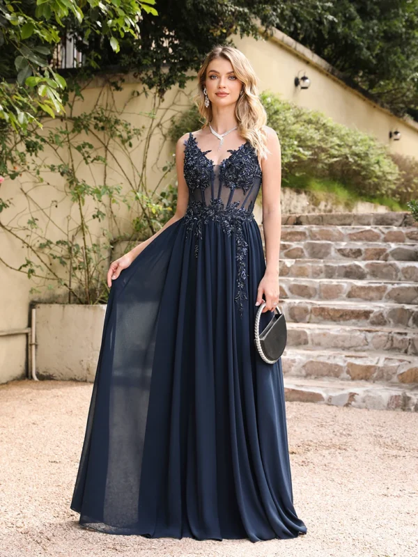 Spaghetti Straps Navy Blue A Line Evening Dresses