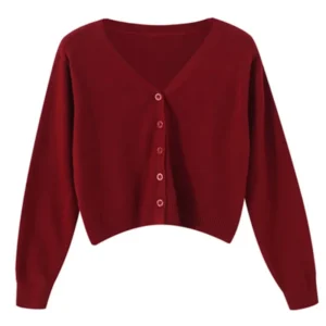 Women's Long Sleeve Cropped Cardigan V Neck Button Down Knit Lady