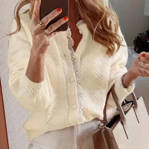 Gentle Style Short Sweater Women's Design Lace Cardigan Jacket Knitted Top