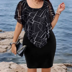 Women's Elegant Geometric Cloak Sleeve Bodycon Mini Dress